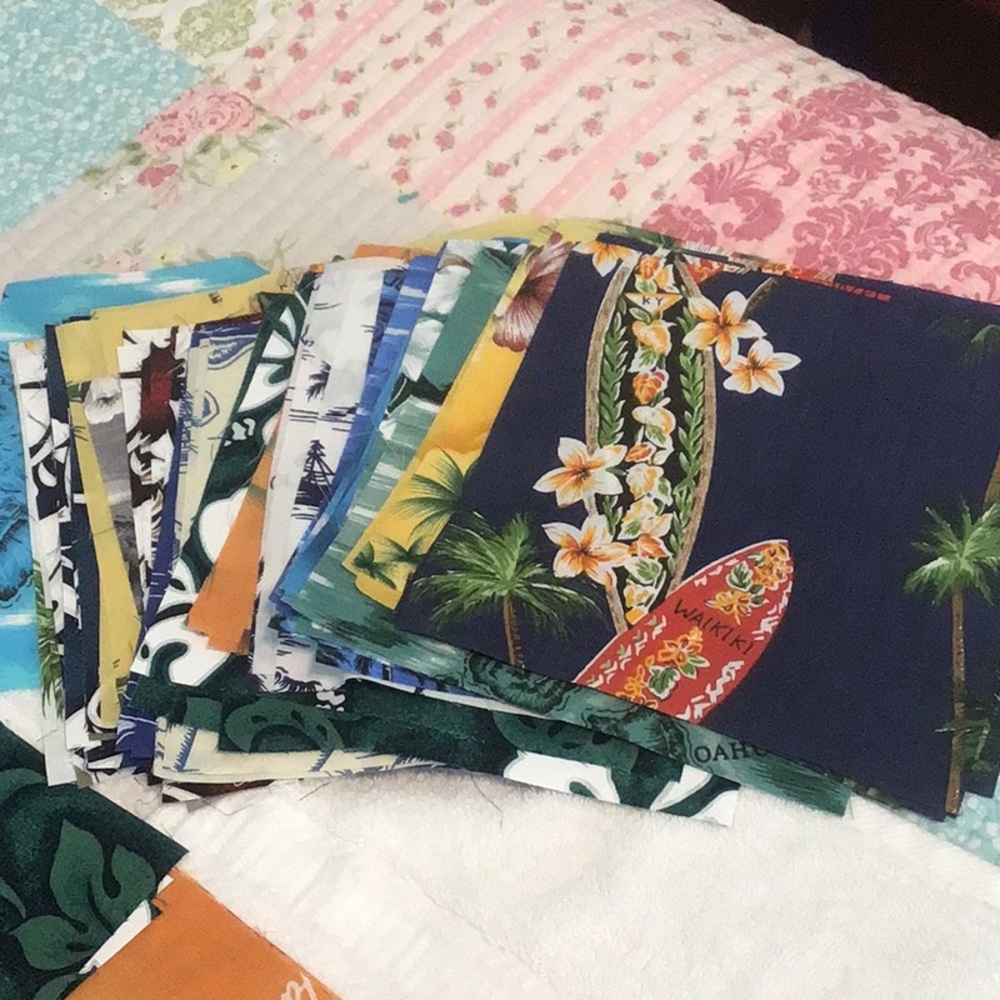 Assorted Hawaiian fabric squares, 8x8” Pics what’s included quantity vari 68 sqs